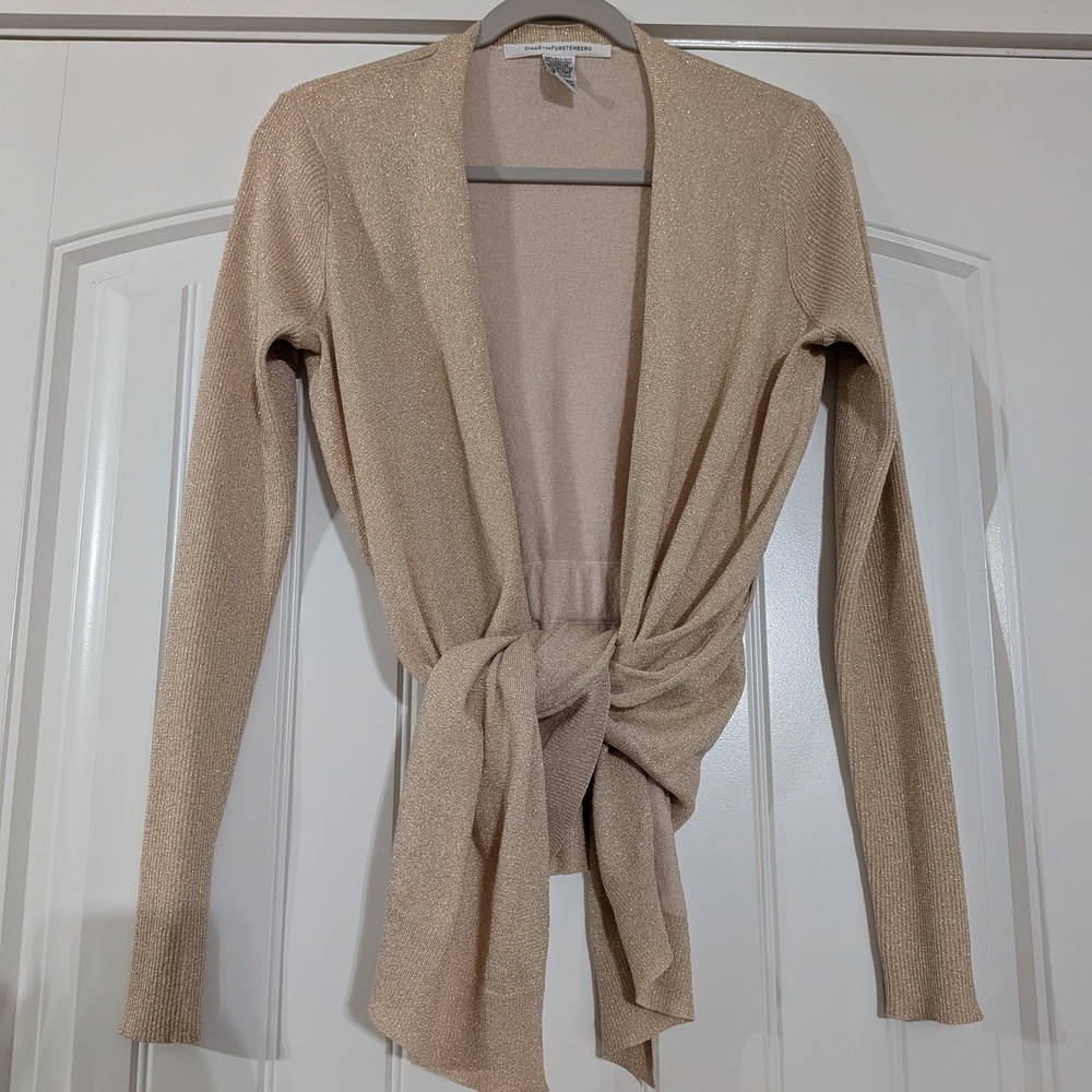 Diane Von Furstenberg Tortuga Silk Cashmere Metallic Long sleeve Open Cardigan